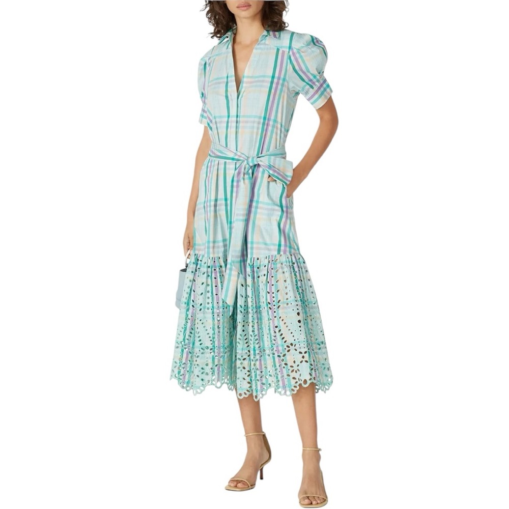 Tanya Taylor Mint Striped Fern Midi Dress size 6 Embroidered Eyelet Puff Sleeve
